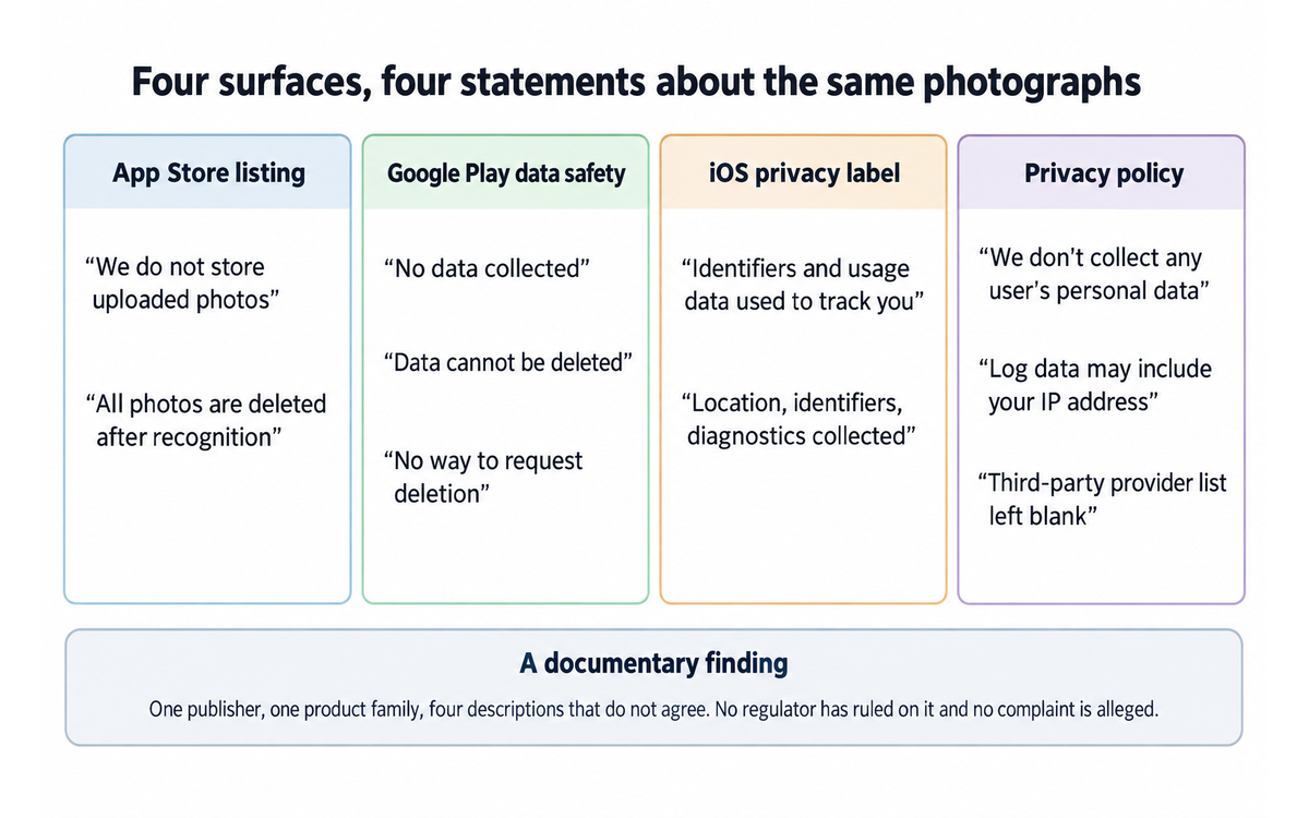 Four surfaces, four statements about the same photographs: the App Store listing, the Google Play data safety page, the iOS privacy label and the privacy policy