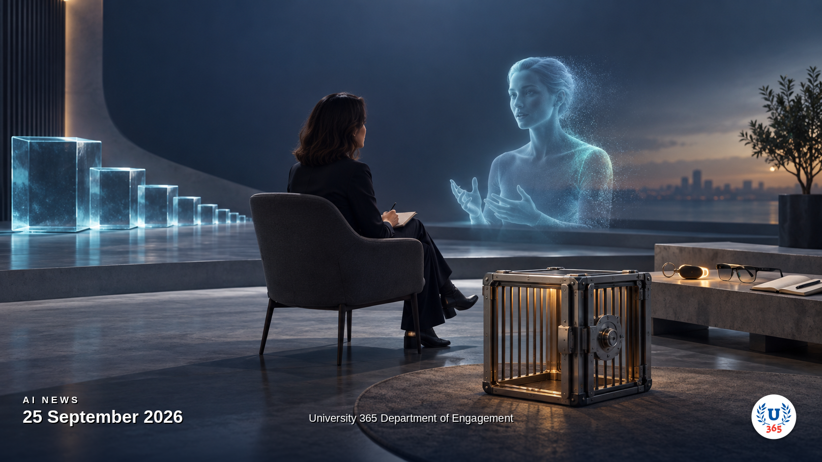 Presentation stage lit for a live video call, with a translucent human avatar head mid-sentence beside a descending stair of glowing cost blocks and a locked containment cage, representing real-time avatars, falling inference cost, agent containment