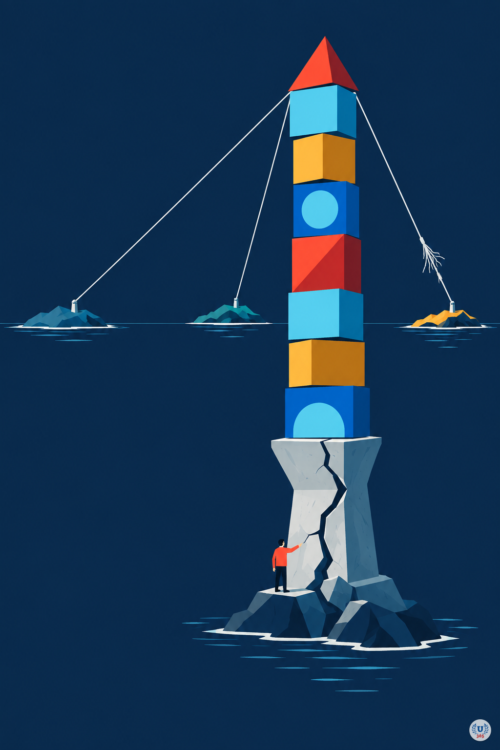 Illustration: a tower on a cracked pedestal, held by cables anchored to distant islands.