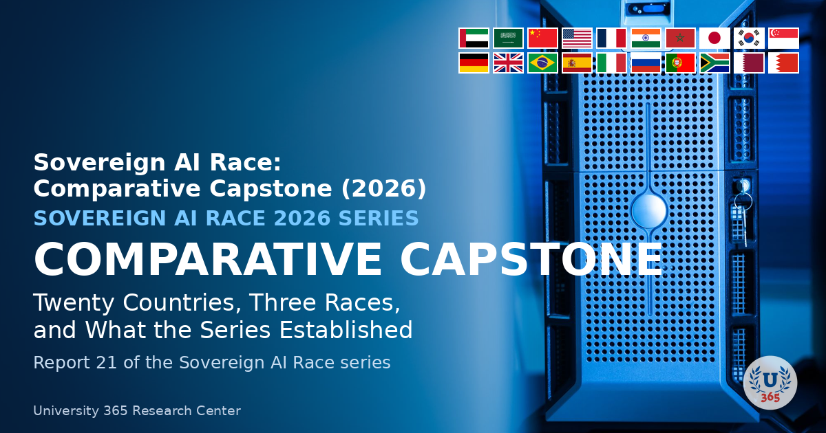 Sovereign AI Race: Comparative Capstone, twenty countries and three races, with the series flags.