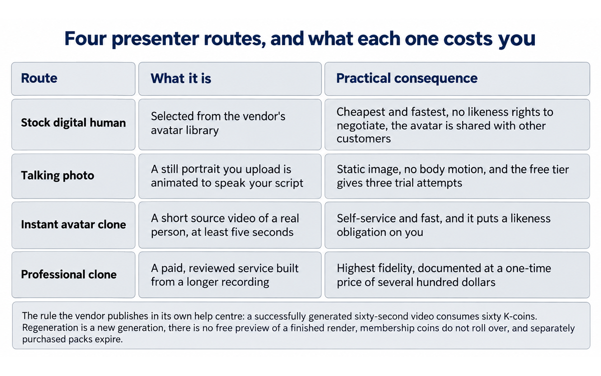 KreadoAI: the four presenter routes and the credit rule the vendor publishes in its own help centre, illustrating the presenter decision in this section