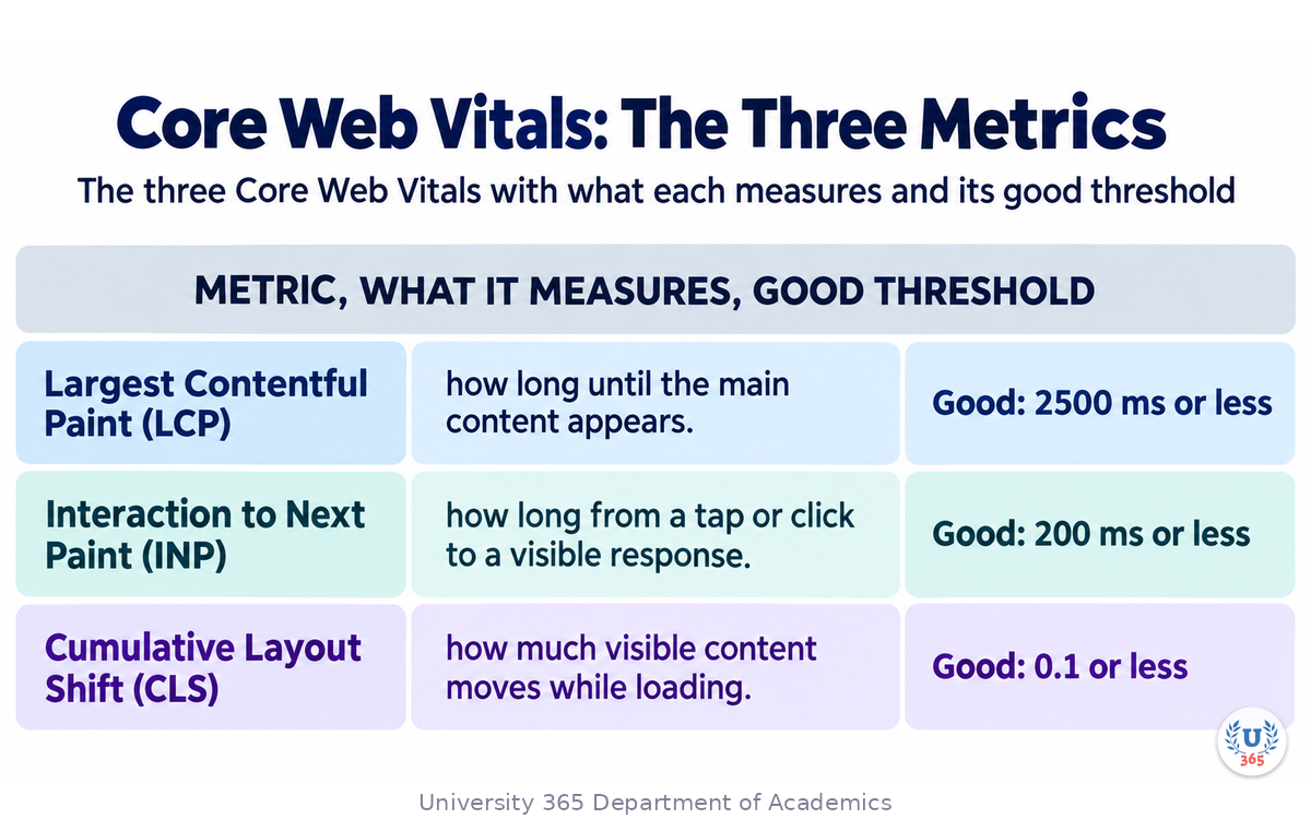 The three Core Web Vitals with what each measures and its good threshold