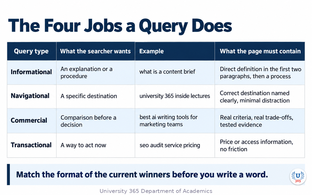 The four query types and what each page must contain