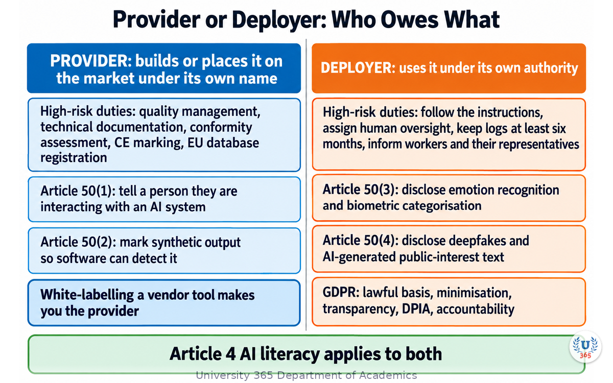 Provider duties against deployer duties under the AI Act, paragraph by paragraph, with the Article 16 and Article 26 high-risk lists and the Article 50 transparency split
