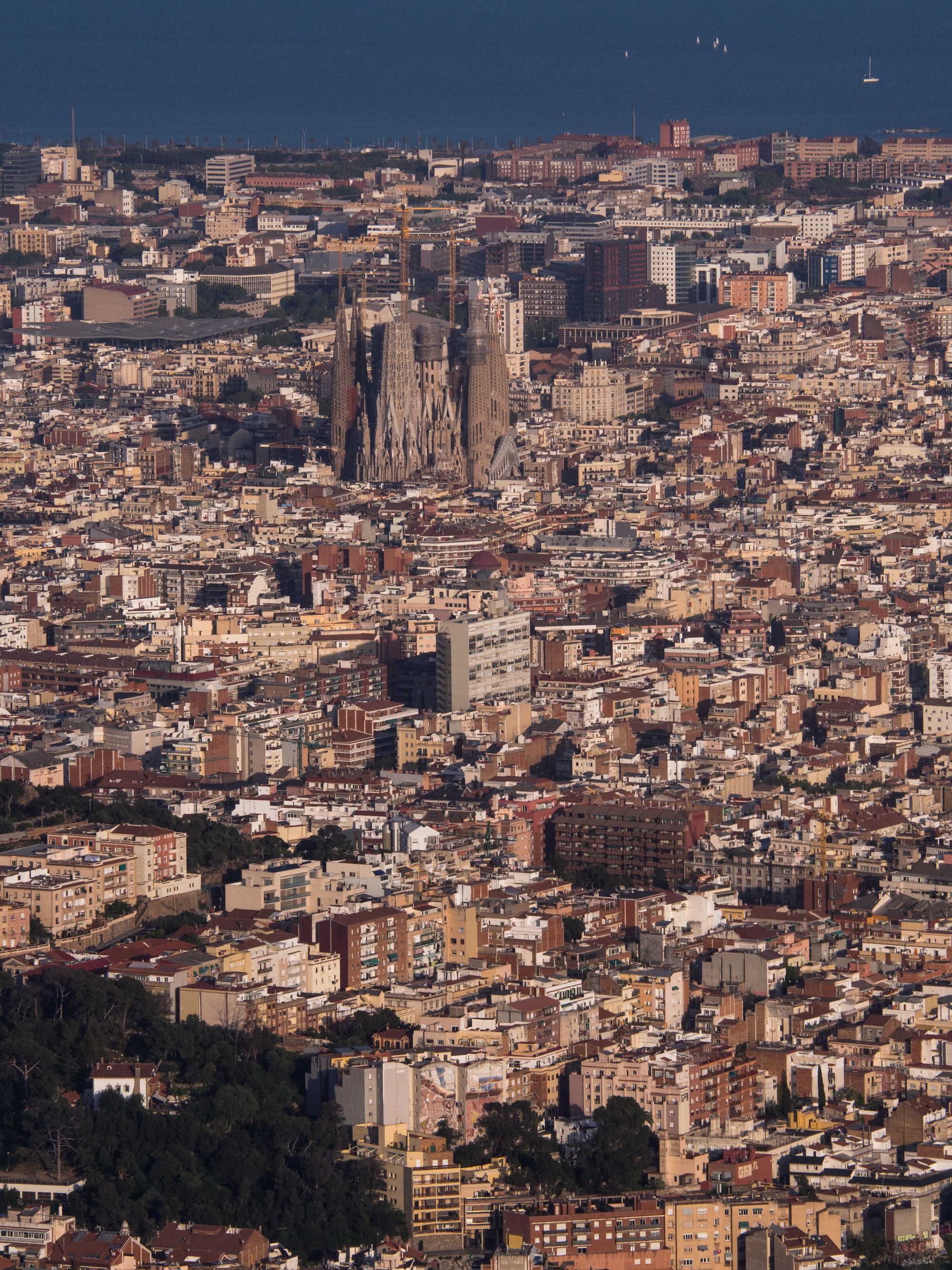 An aerial view of the Sagrada Familia rising above the dense Barcelona cityscape.