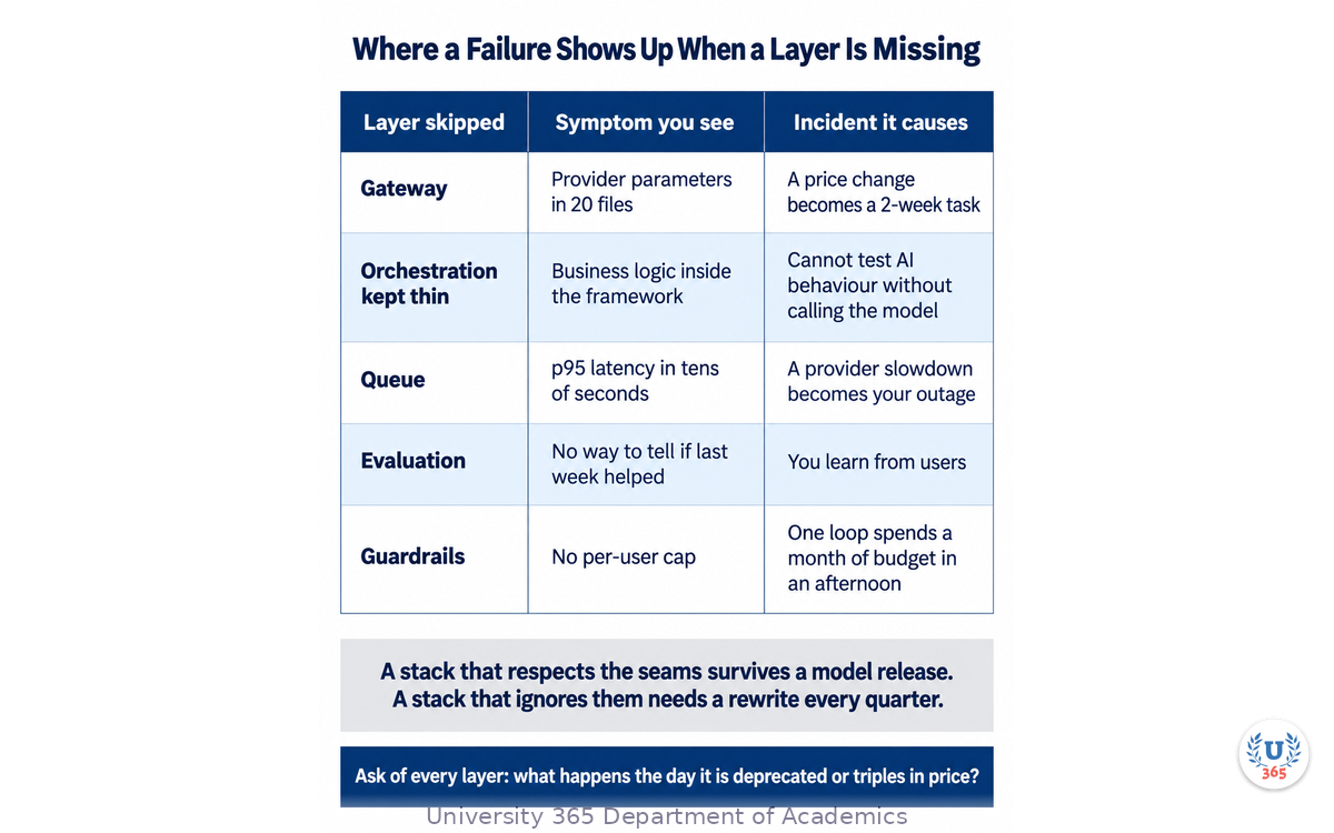 Where a failure shows up when a stack layer is skipped, with the symptom and the incident each omission causes