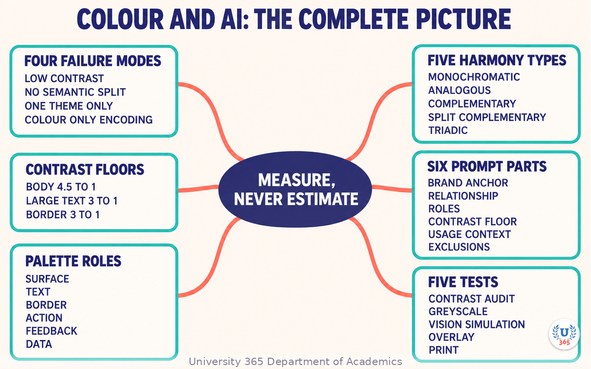 Complete mindmap of palette generation, contrast thresholds, role assignment, and the five tests