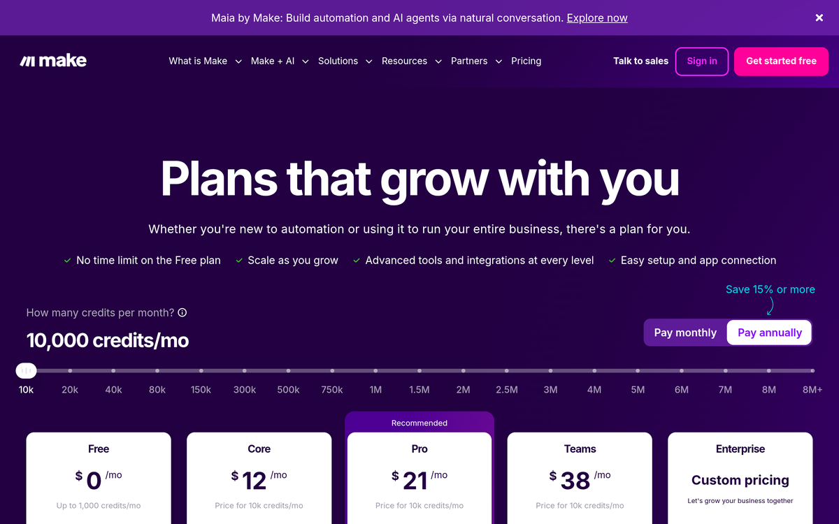 The Make pricing page as read on 2026-09-28: the credit selector set to 10,000 credits a month, the annual toggle with its saving badge, and the five plan cards from Free at zero to Enterprise at custom pricing