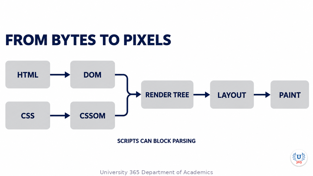 The render path: byte stream, trees, layout, pixels.
