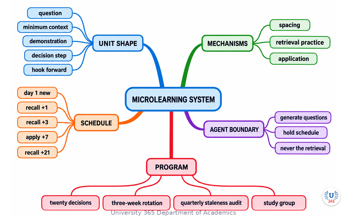 The complete microlearning system: units, mechanisms, schedule, agent boundary, program build