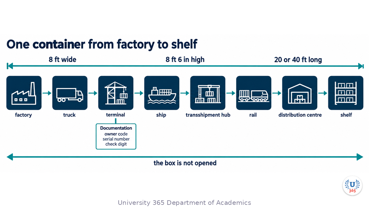 A left to right chain diagram with eight stages: factory, truck, terminal, ship, transshipment hub, rail, distribution centre, shelf. Above the chain a dimension bar reads 8 feet wide, 8 feet 6 inches high, 20 or 40 feet long. Below the terminal and the hub, a documentation box lists the container number with its owner code, serial and check digit. Arrows show the box moving between road, sea and rail without being opened.