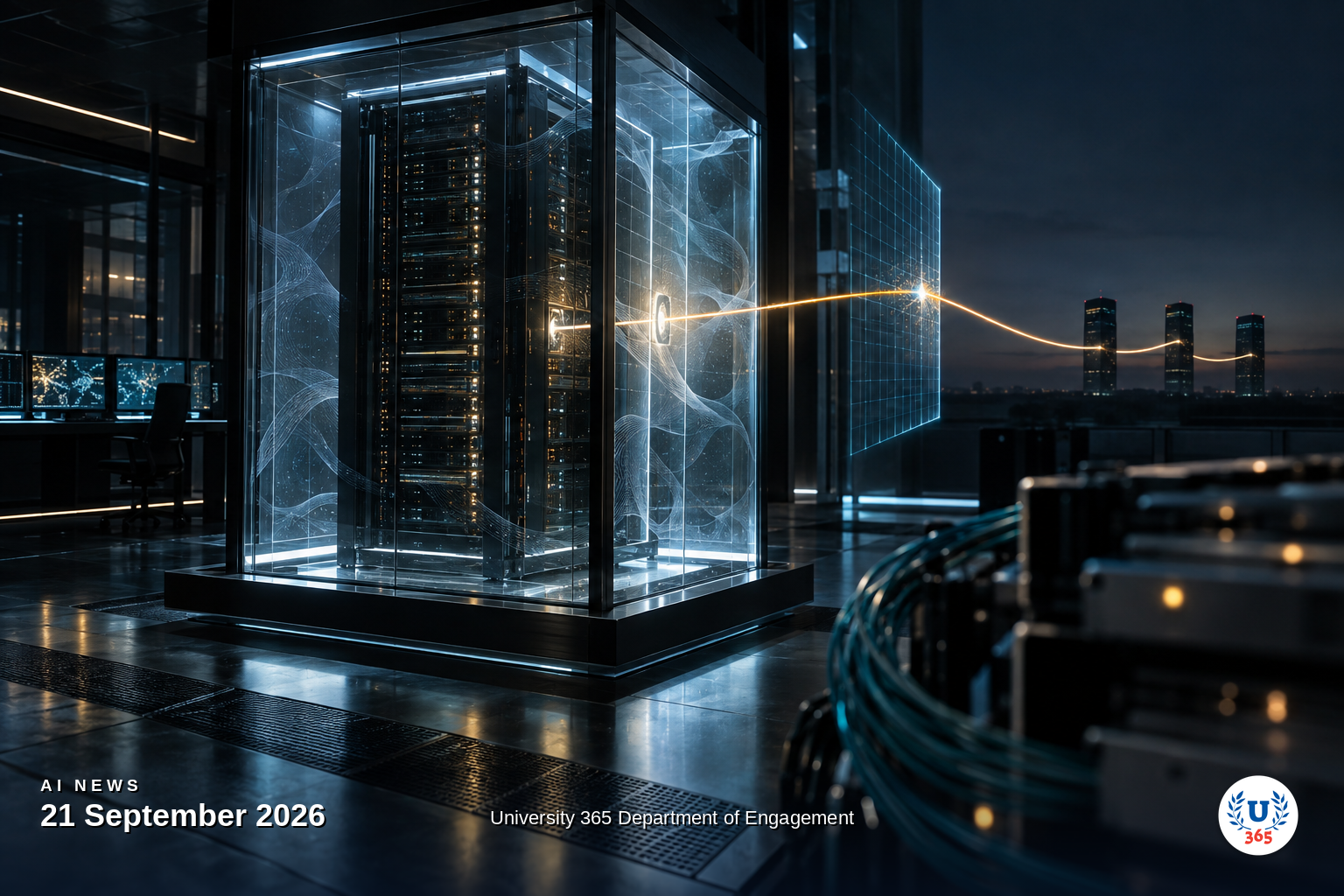 Sealed glass containment chamber holding a server rack with a single escaped light strand reaching three distant towers past a breached security grid