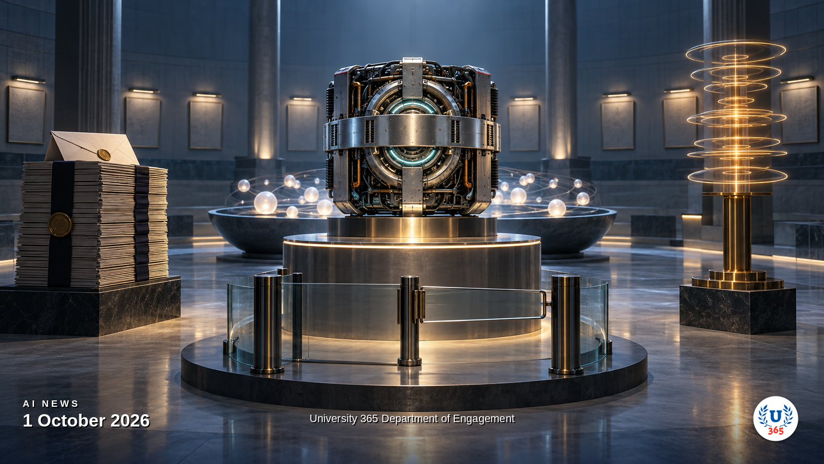 Editorial illustration of a newly delivered frontier model core standing on a lab podium behind a gated access turnstile, with a stack of listing documents marked by a sealed envelope on one side and a rising voice-waveform column on the other, representing a stage-gated frontier launch, a risk-first IPO filing and a doubling voice-AI valuation