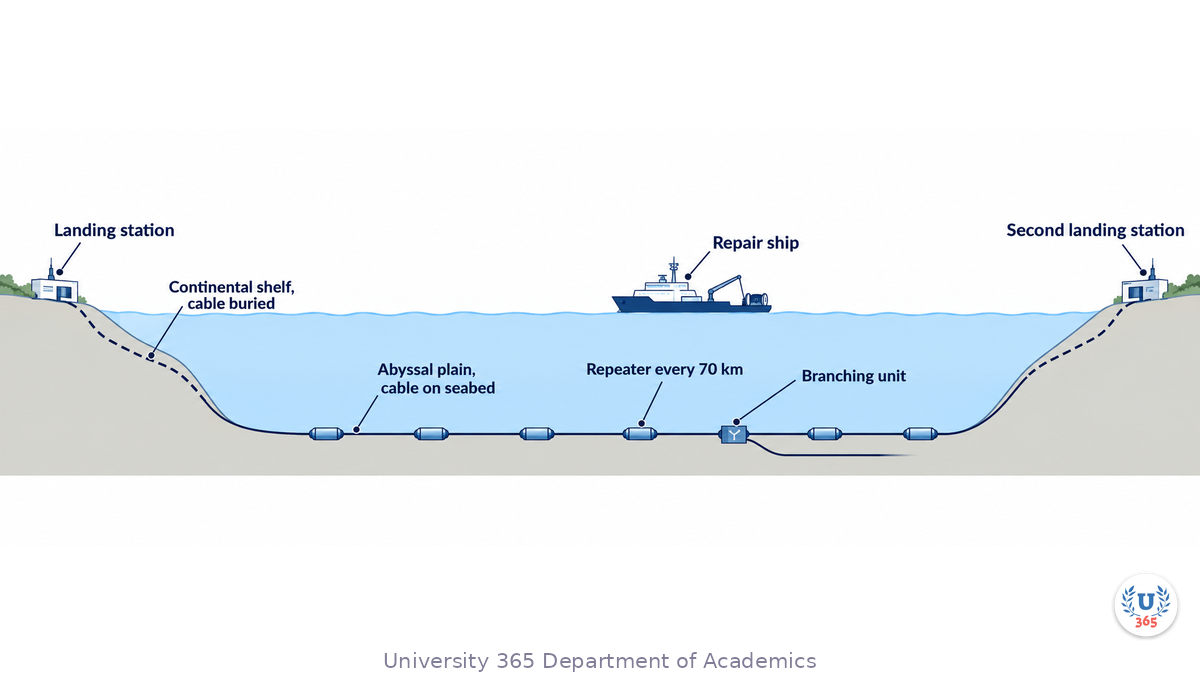 A left to right schematic of a submarine cable route: a landing station, a buried cable across the continental shelf, a cable lying on the abyssal plain with repeaters every 70 kilometres, a branching unit, and a second landing station, with a repair ship positioned over a marked fault.