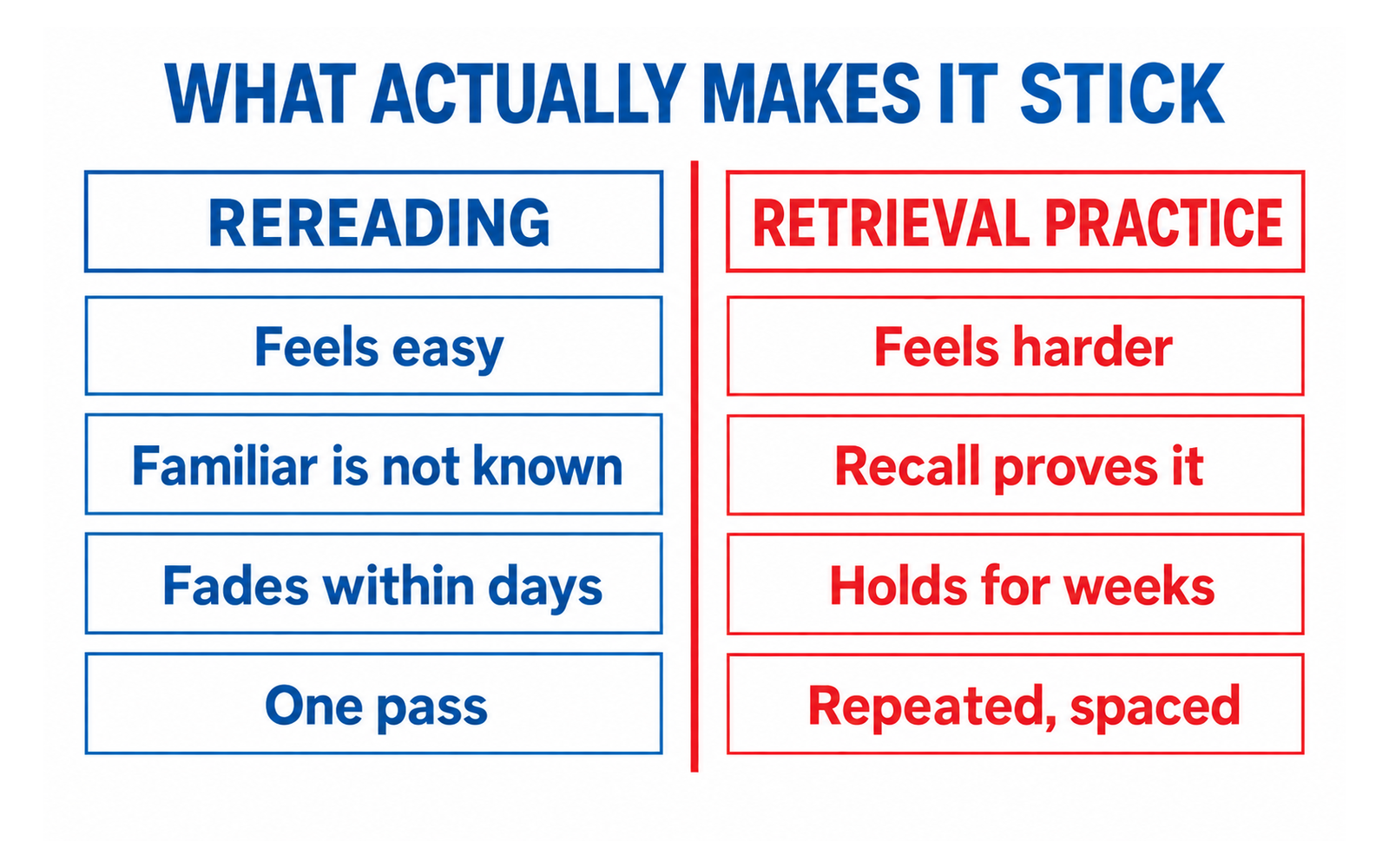 A comparison diagram: rereading feels easy and fades within days; retrieval practice feels harder and holds for weeks.