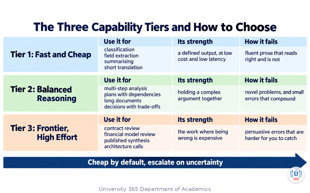 The three capability tiers with their decision criteria and typical tasks