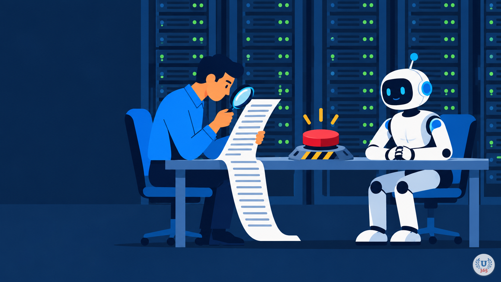 Illustration: a human reviews a printed record with a magnifying glass while a robot sits opposite, a red stop button between them, server racks behind.