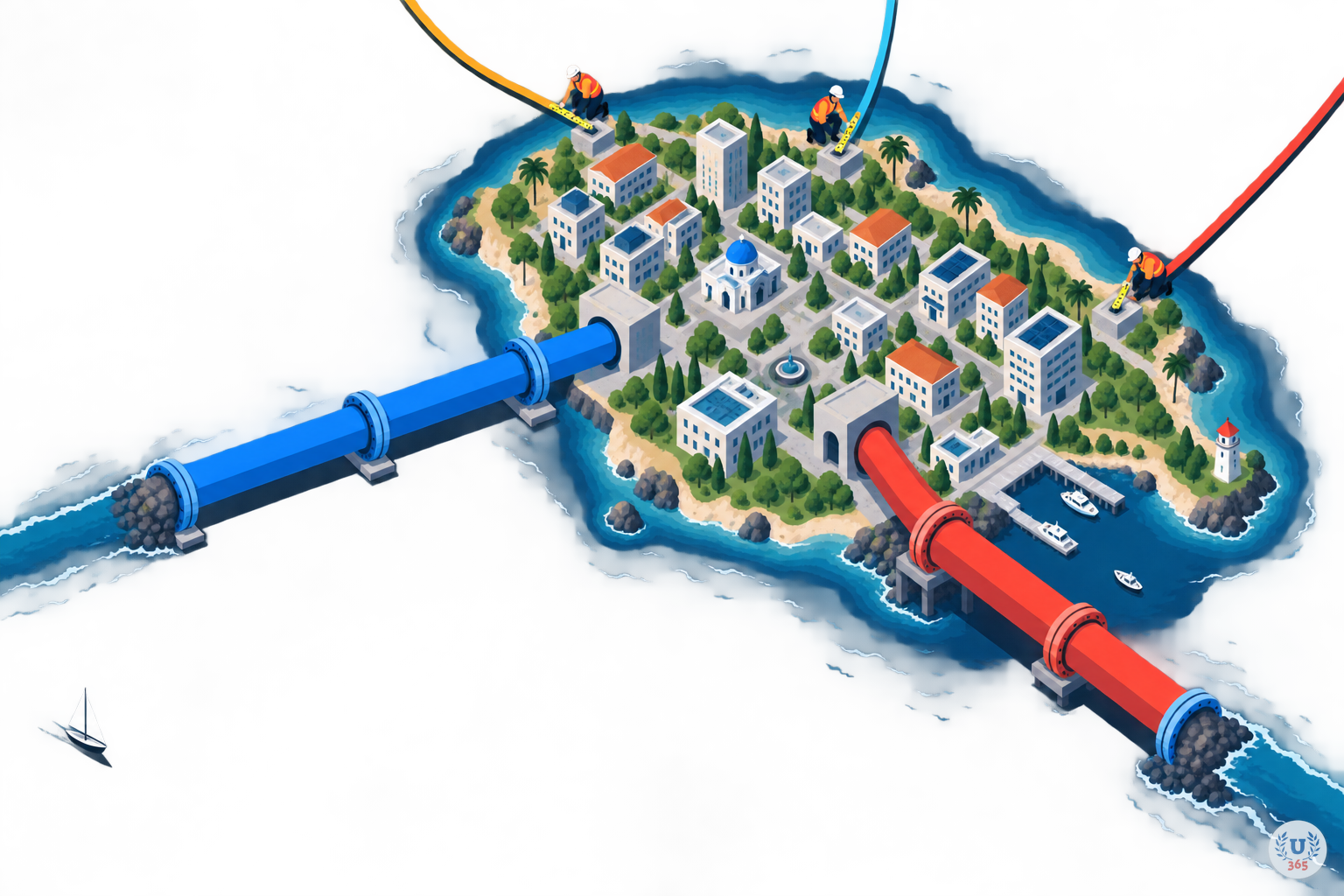 Illustration: an island city with pipes landing from the sea and three separate cables descending from different directions with no visible join.