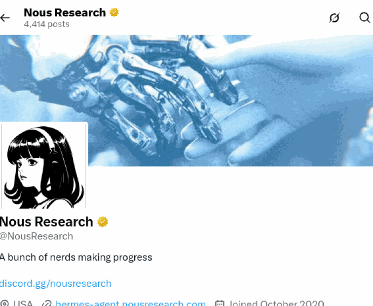 The Nous Research account on X, the vendor surface carrying Hermes Agent release and product announcements, and its pinned Hermes Portal post