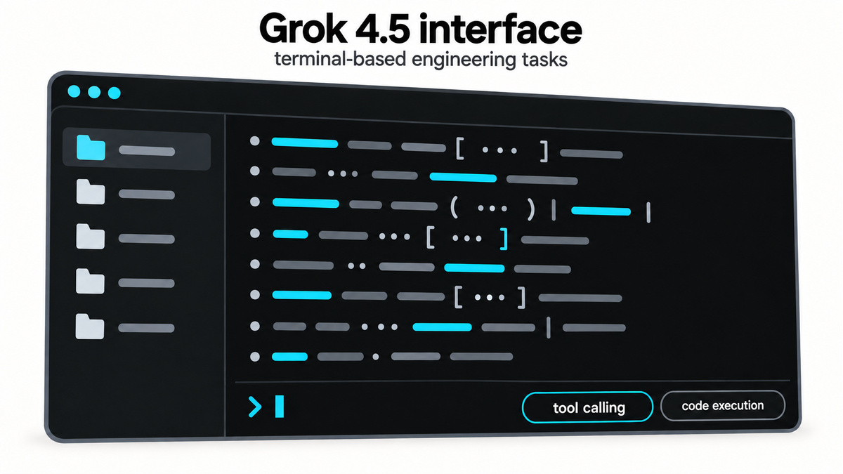 Grok 4.5 interface: agentic coding workflow showing terminal-based engineering tasks and tool calling