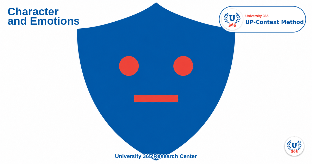 Hero illustration: a shield containing a calm face, standing for character, values and emotional steadiness.