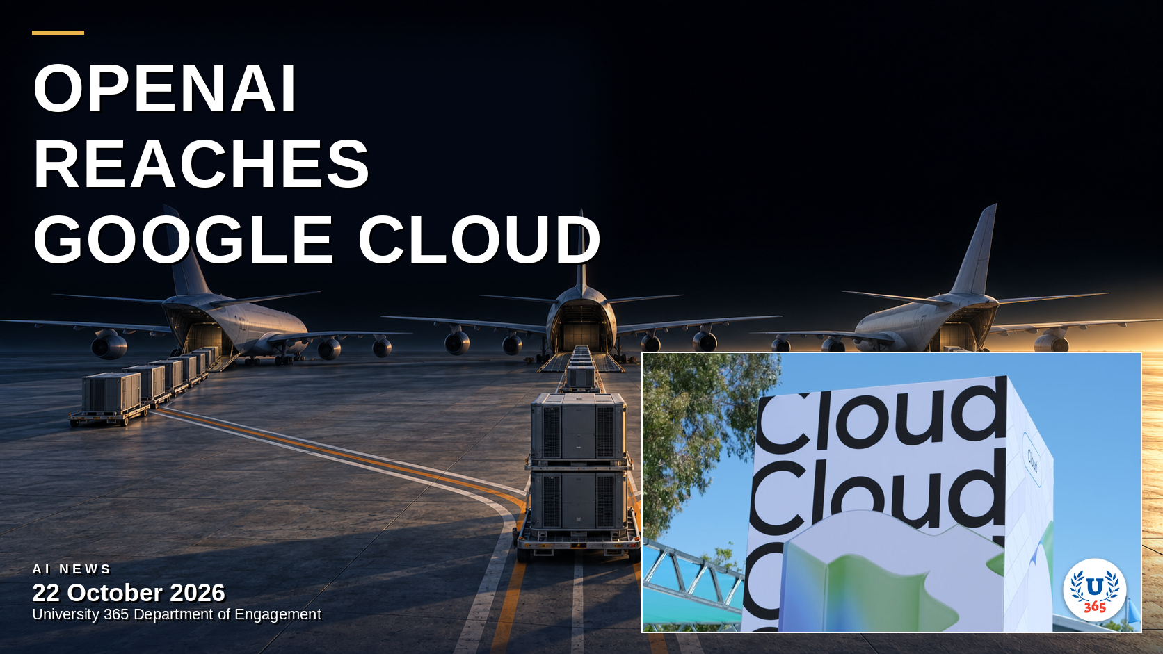 Editorial illustration of a dawn air cargo apron where pallets from one central stack of identical server crates are loaded at the same time into three wide-body freighters, standing for frontier models shipped onto three clouds