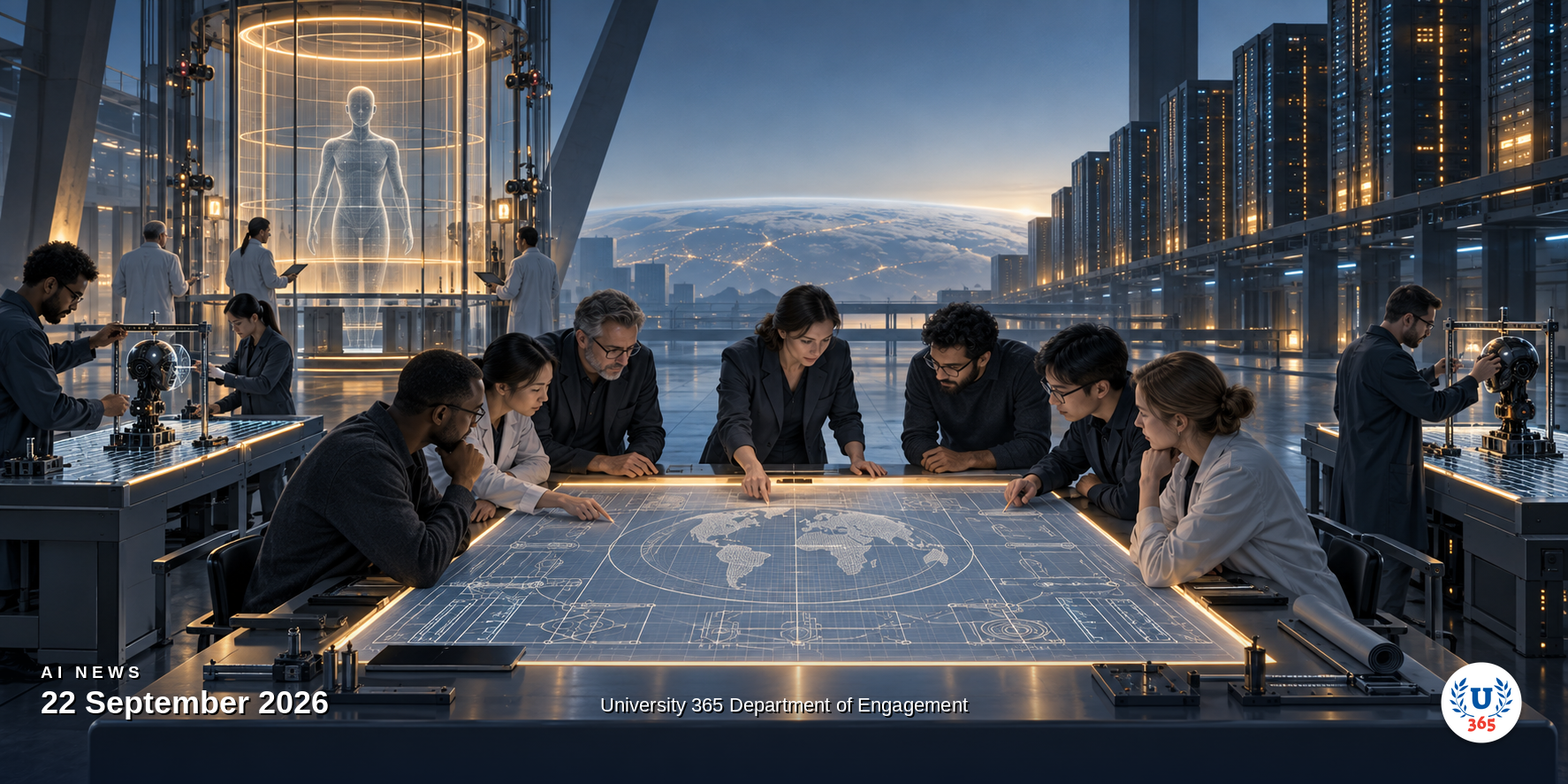 Delegates from several AI laboratories gathered around a shared illuminated blueprint inside an evaluation hall, with a measured AI subject behind glass and compute towers beyond
