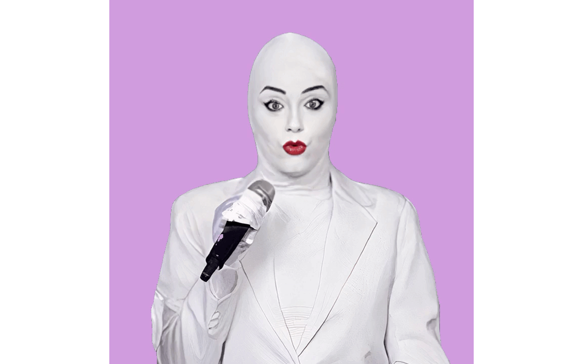 A frame from an Unboring AI animation template: a performer in a white suit and blazer singing into a microphone against a purple background, the output shape the animate surface returns from a single still photograph