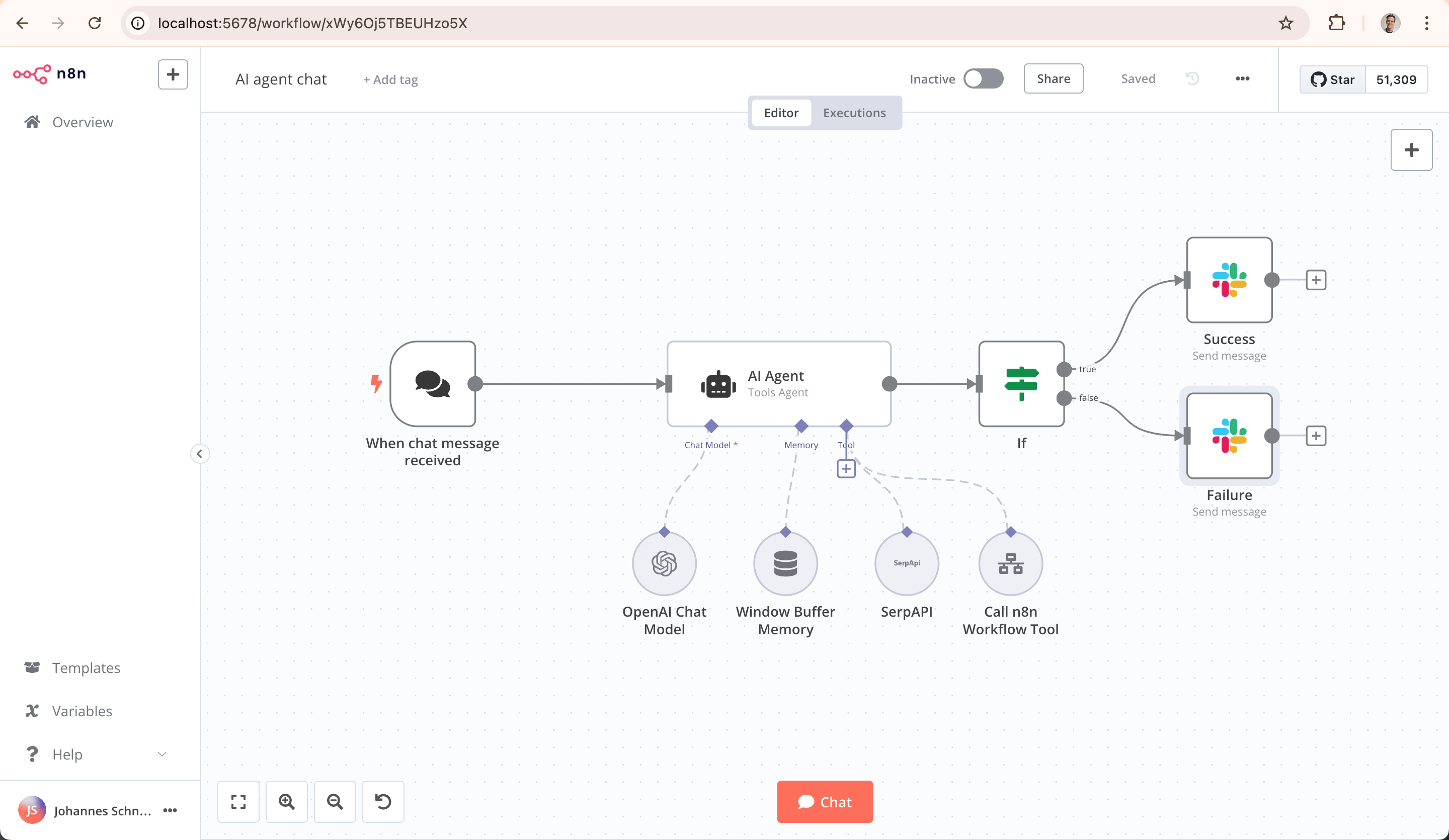 n8n workflow canvas showing connected nodes with AI agent, database, and API integration steps