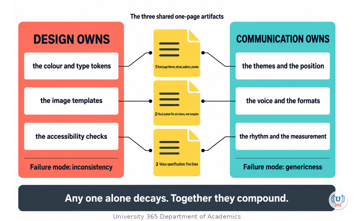 The design and communication ownership split, with the three shared one-page artifacts at the centre