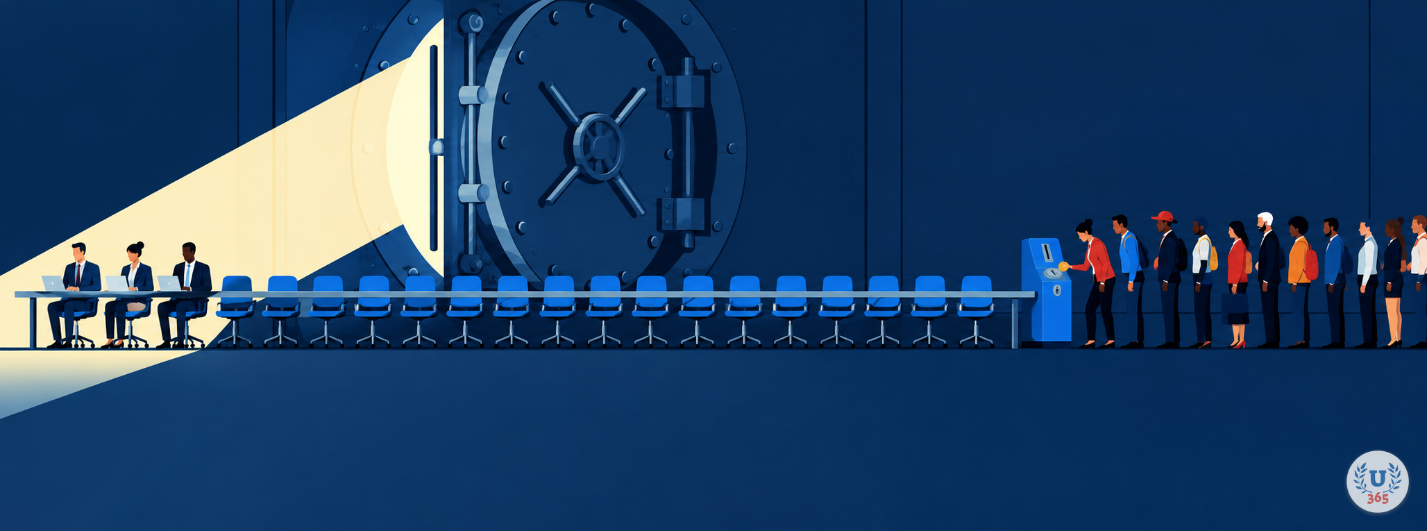 Illustration: twenty identical chairs before a giant vault door, with only the first few in the light and the rest queuing at a coin-slot kiosk.