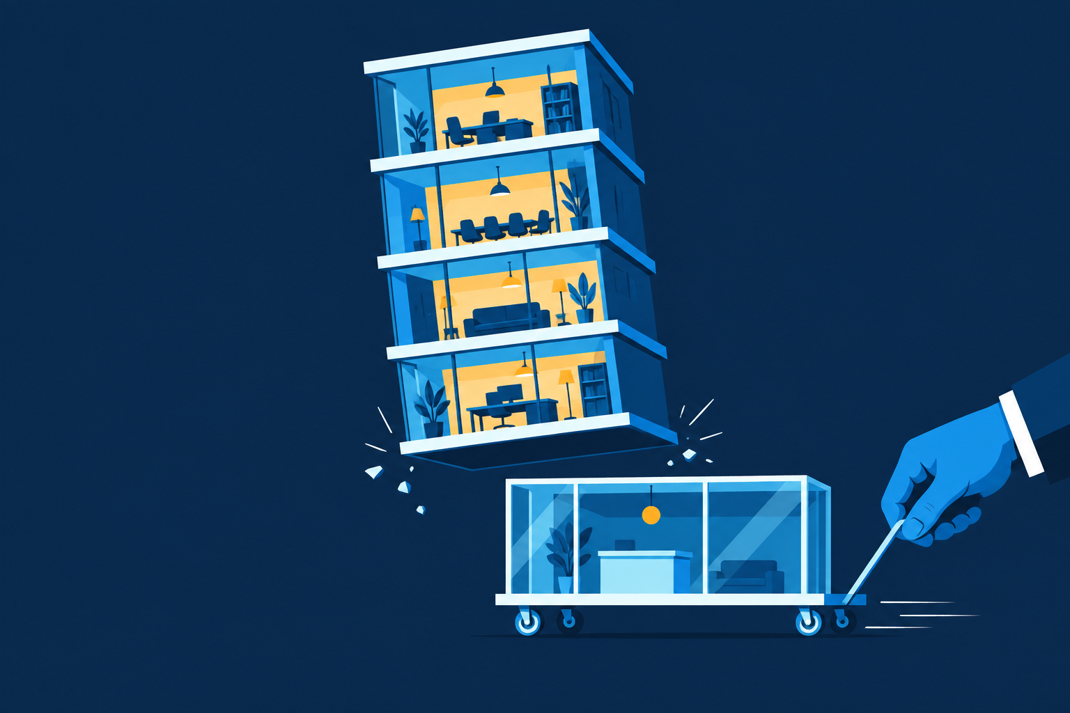 Four layers held; the ground floor sits on a trolley.