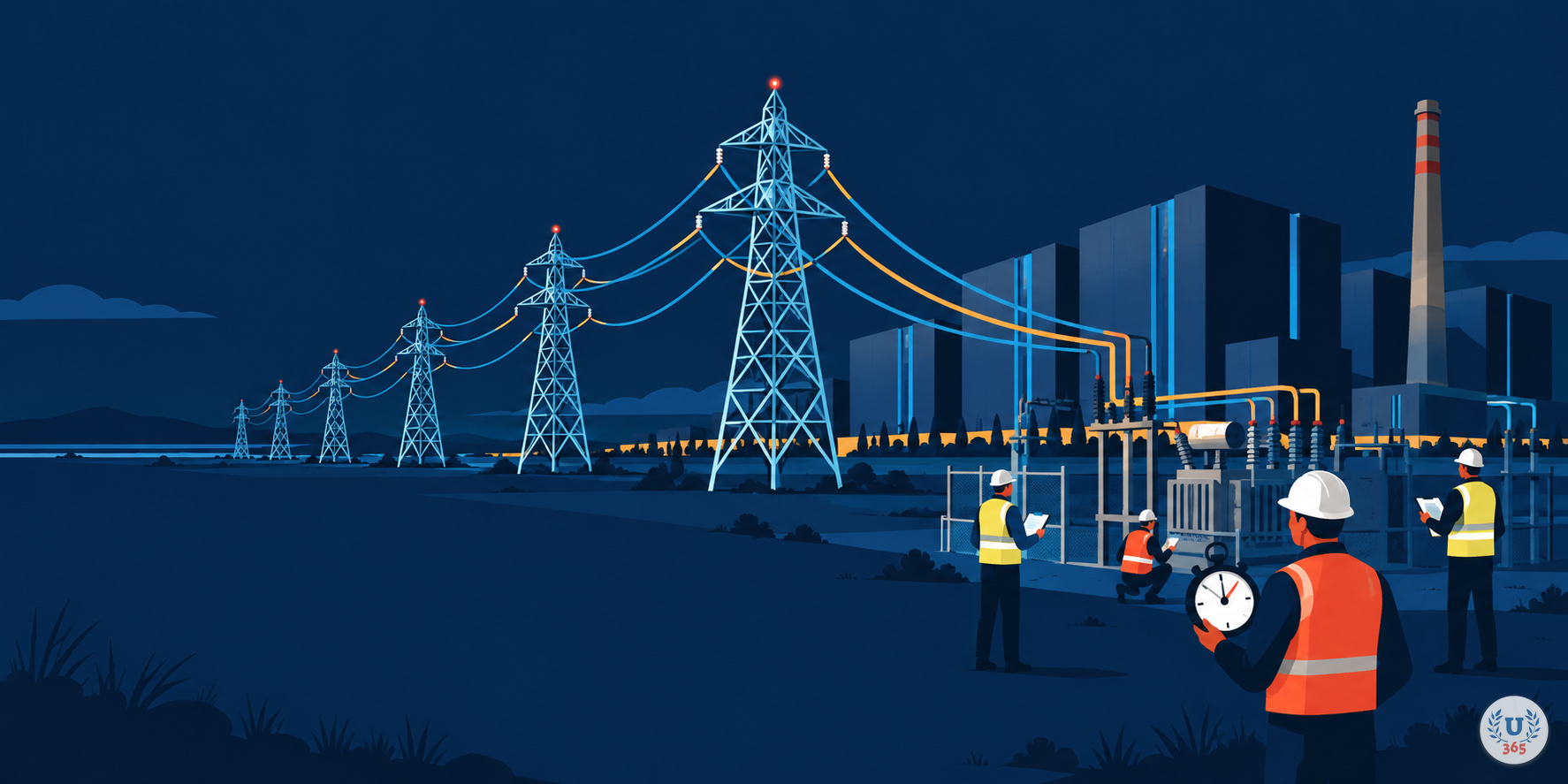 Illustration: pylons carrying power lines across a plain toward dark windowless data halls, with inspectors at a substation holding a stopwatch.