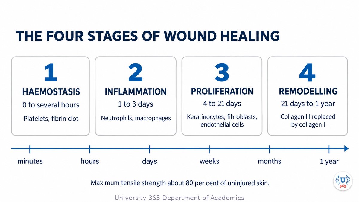 A four stage timeline of wound healing drawn to scale from minutes to a year: haemostasis in the first minutes to hours with platelets and the fibrin clot, inflammation from day one to day three with neutrophils then macrophages, proliferation from day four to day twenty-one with keratinocytes, endothelial cells, fibroblasts and myofibroblasts, and remodelling from day twenty-one to a year with the replacement of type III collagen by type I.