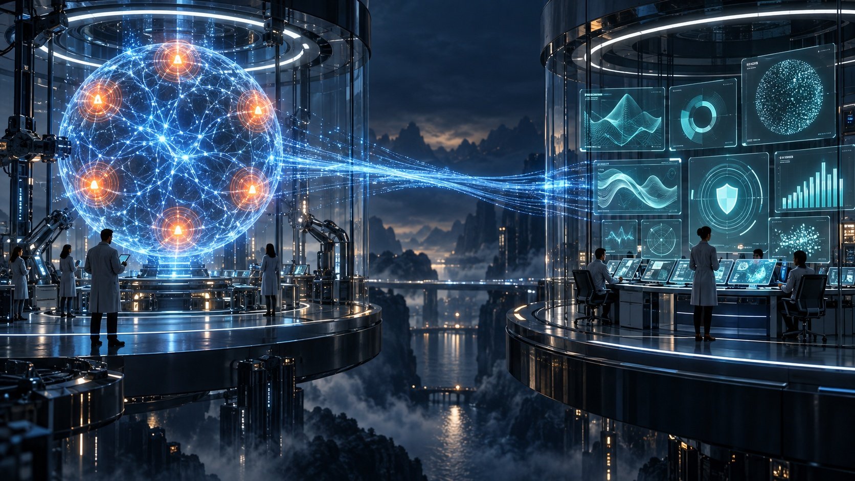 AI safety governance: two AI labs connected by glowing data streams, representing OpenAI and Anthropic embedding safety evaluators