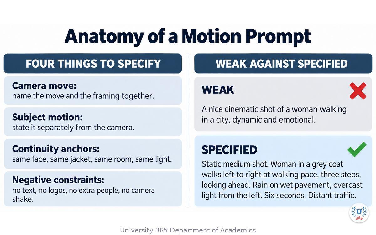 The anatomy of a motion prompt, with the camera move, subject motion, continuity anchors and the negative constraints, and a two-column comparison of a weak prompt against a specified one