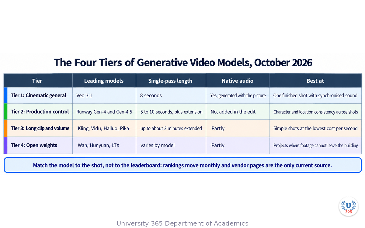 The four tiers of generative video models in 2026, with the leading models in each tier, what each tier is good at, and the control each one gives you