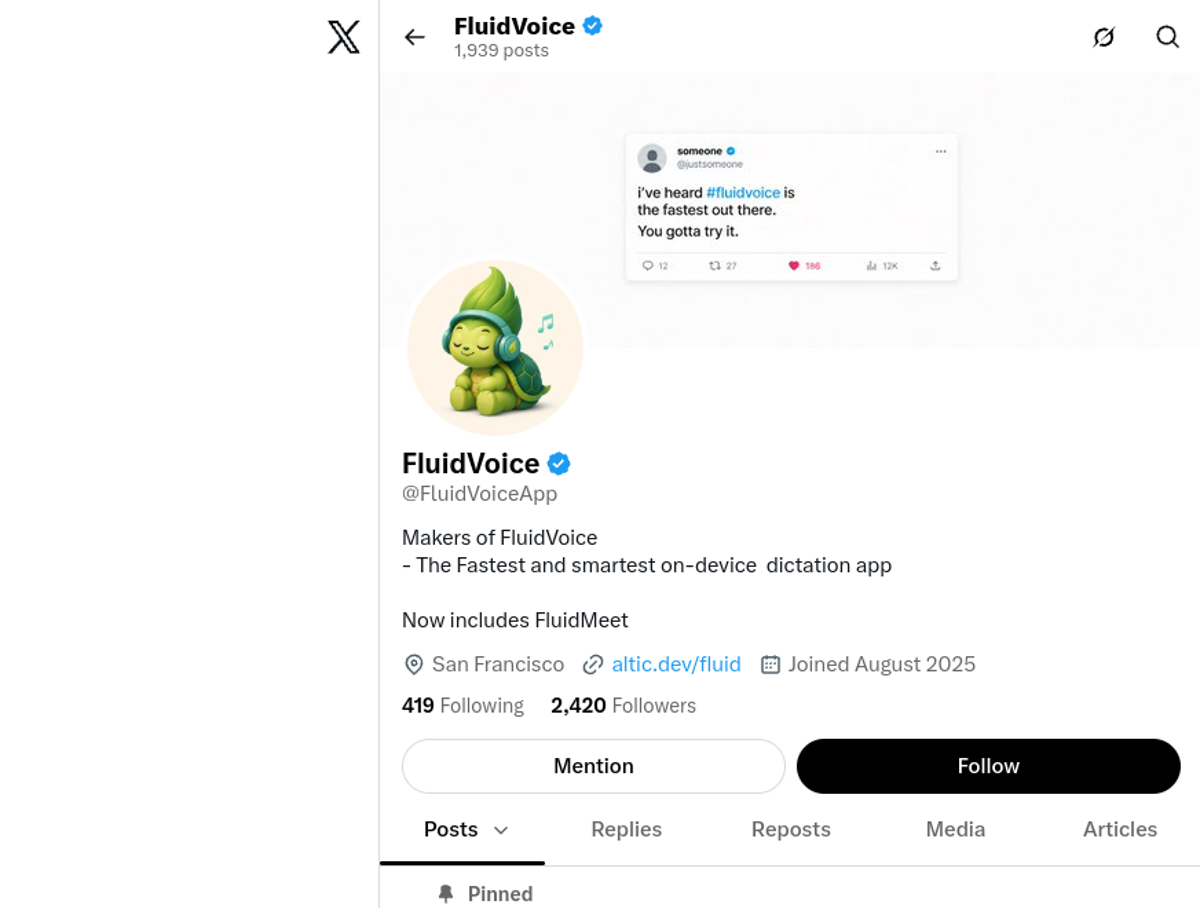 FluidVoice on X, the vendor account, as rendered on 2026-09-25
