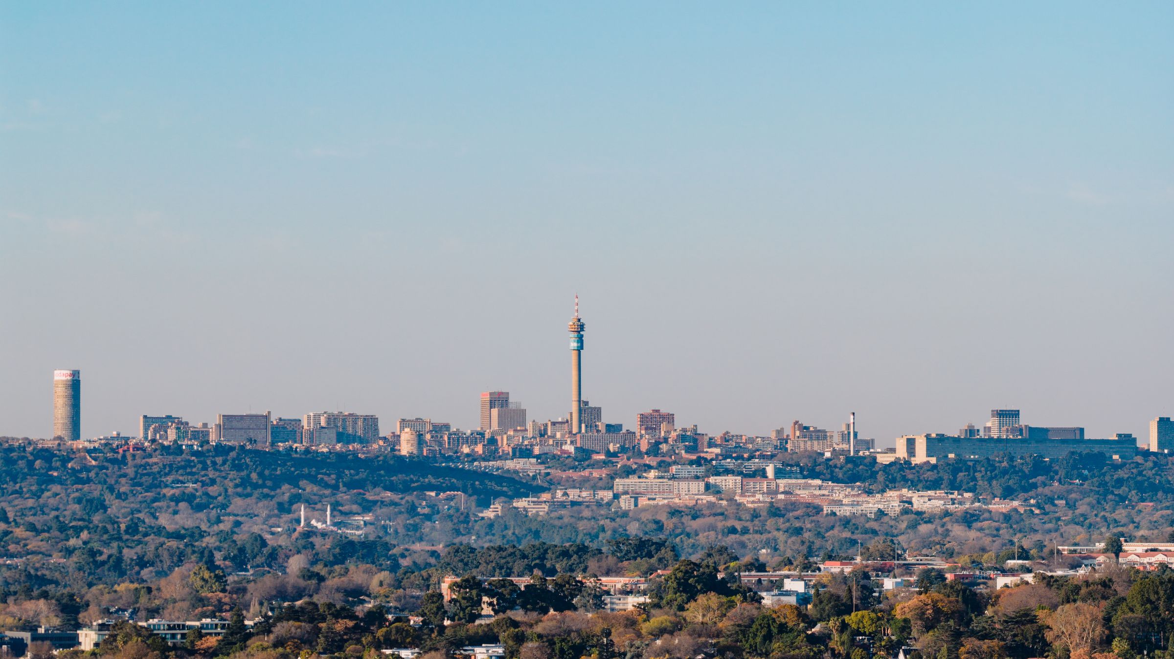 The Johannesburg skyline with the Hillbrow Tower above the city.