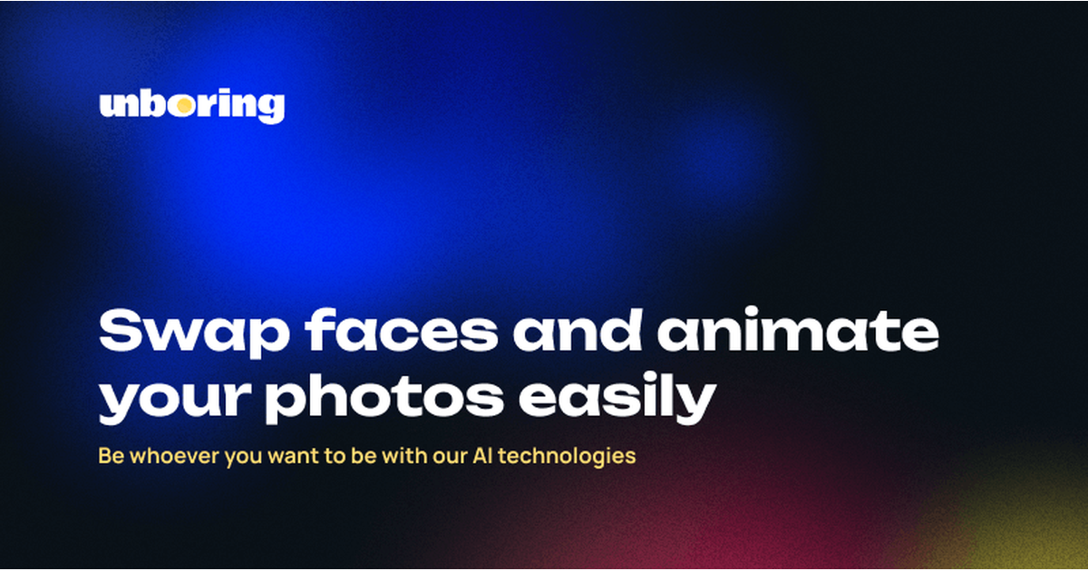 The vendor's own artwork for Unboring by Reface, carrying the headline "Swap faces and animate your photos easily" over a blue and violet gradient