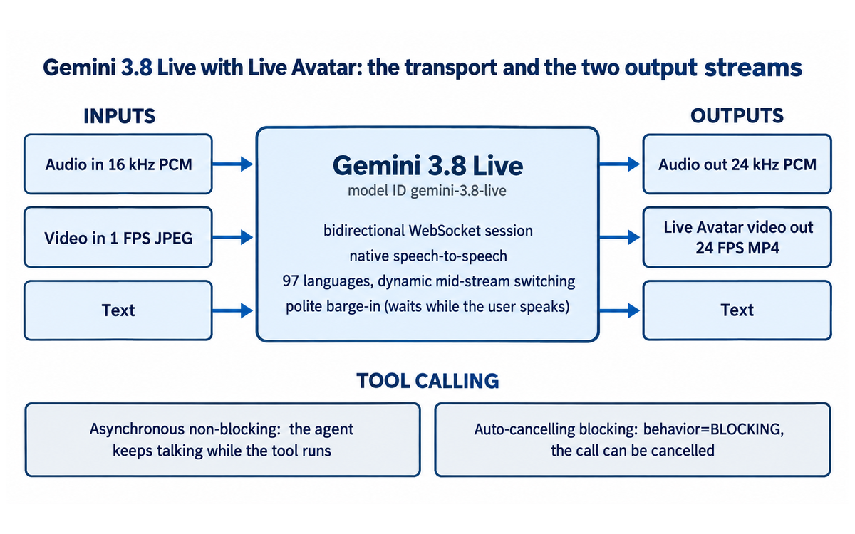 Diagram of the Gemini 3.8 Live with Live Avatar transport: audio, video and text inputs over a bidirectional WebSocket session, the model's dialogue behaviours, and the 24 kHz audio and 24 FPS avatar video outputs alongside the two tool-calling modes, illustrating the architecture this review assesses