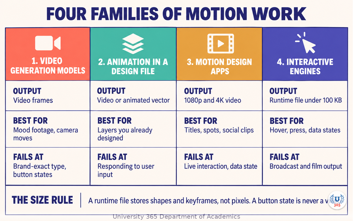 Four families of motion tools compared by output format, best use, and where each fails