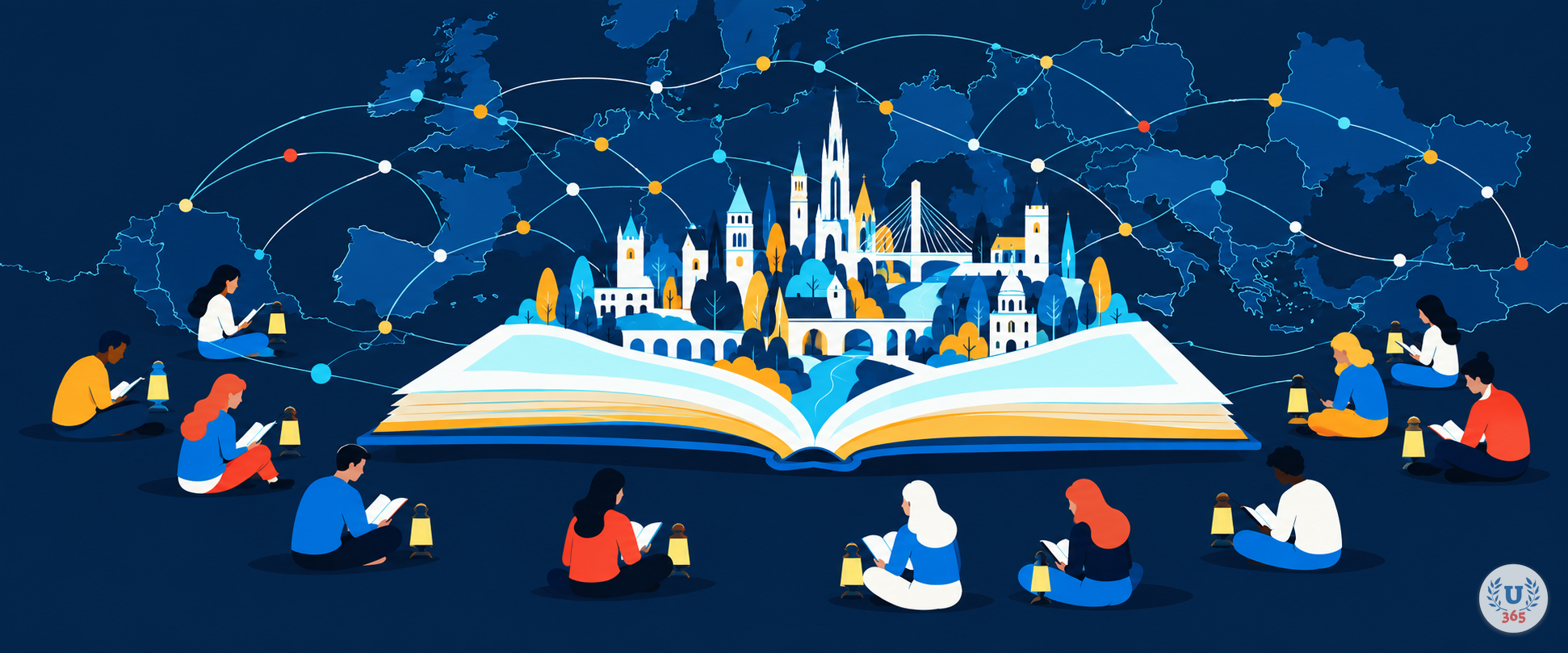 Illustration: an open book at the centre with a small white city rising from its spine, figures reading around it under lamps, and a map of joined countries behind.