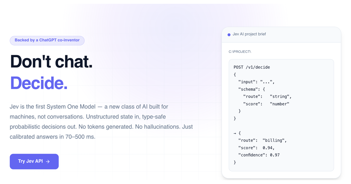 Jev AI by TypeSafe AI hero image showing the decision API schema and a typed answer