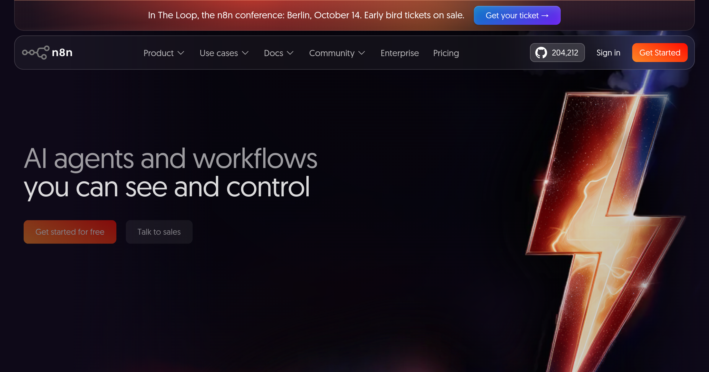 n8n homepage showing the platform overview and AI workflow builder interface