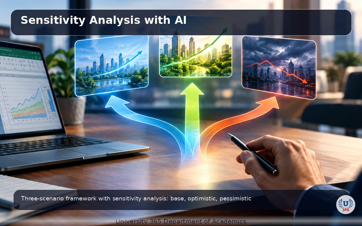 Three-scenario framework with sensitivity analysis: base, optimistic, pessimistic