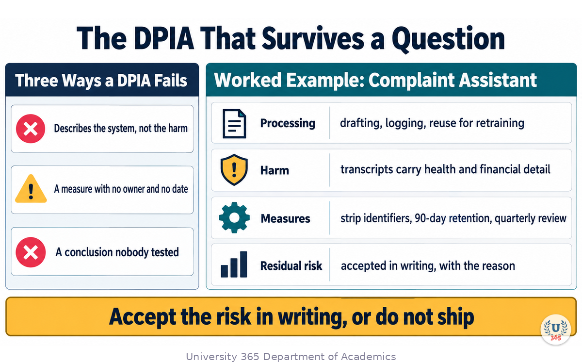 A worked DPIA: the processing assessed, the named harm, the dated measures and the recorded residual risk