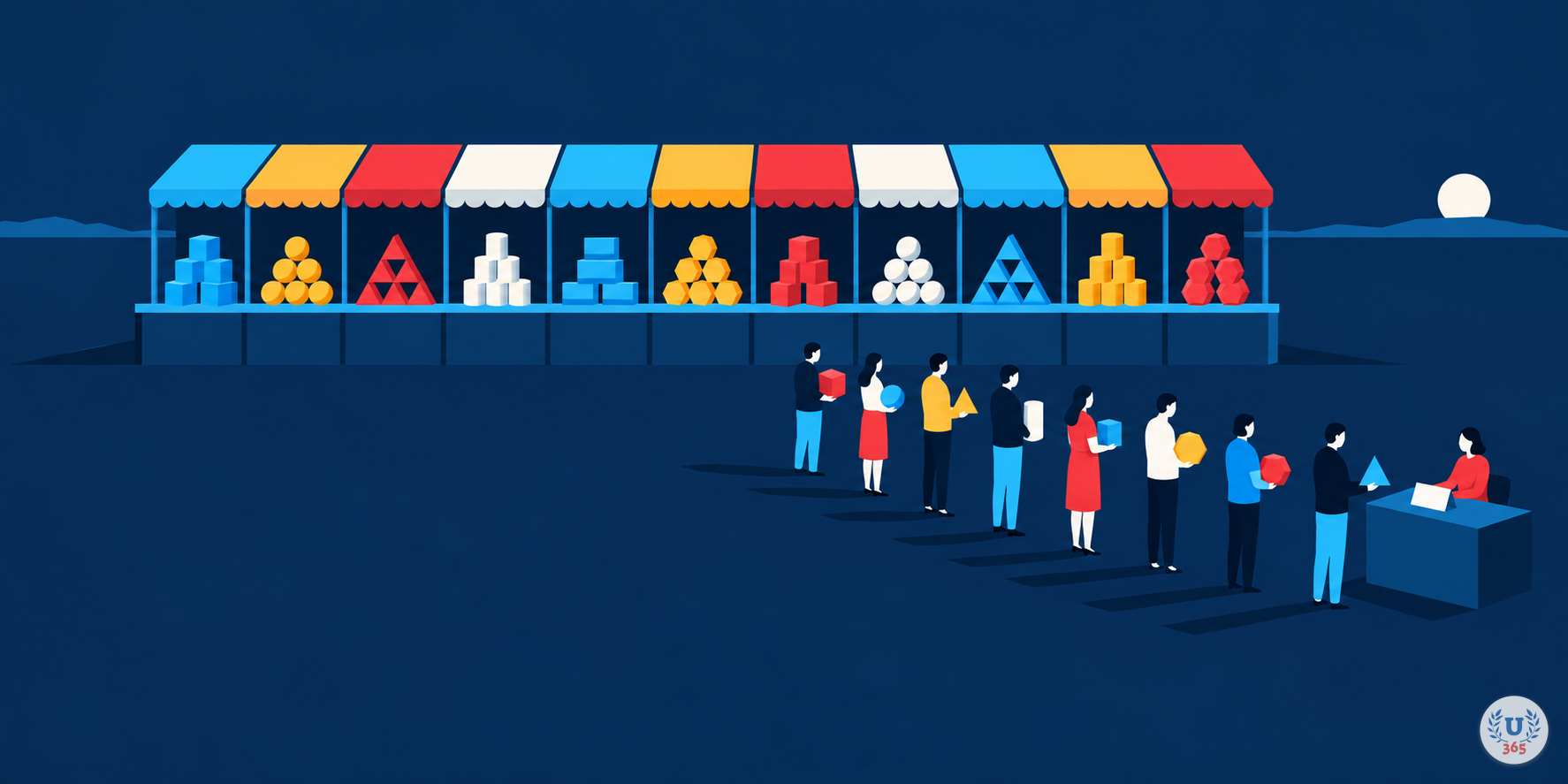 Illustration: a market stall with eleven awnings, each holding different shaped blocks, and a queue of figures each holding one block.