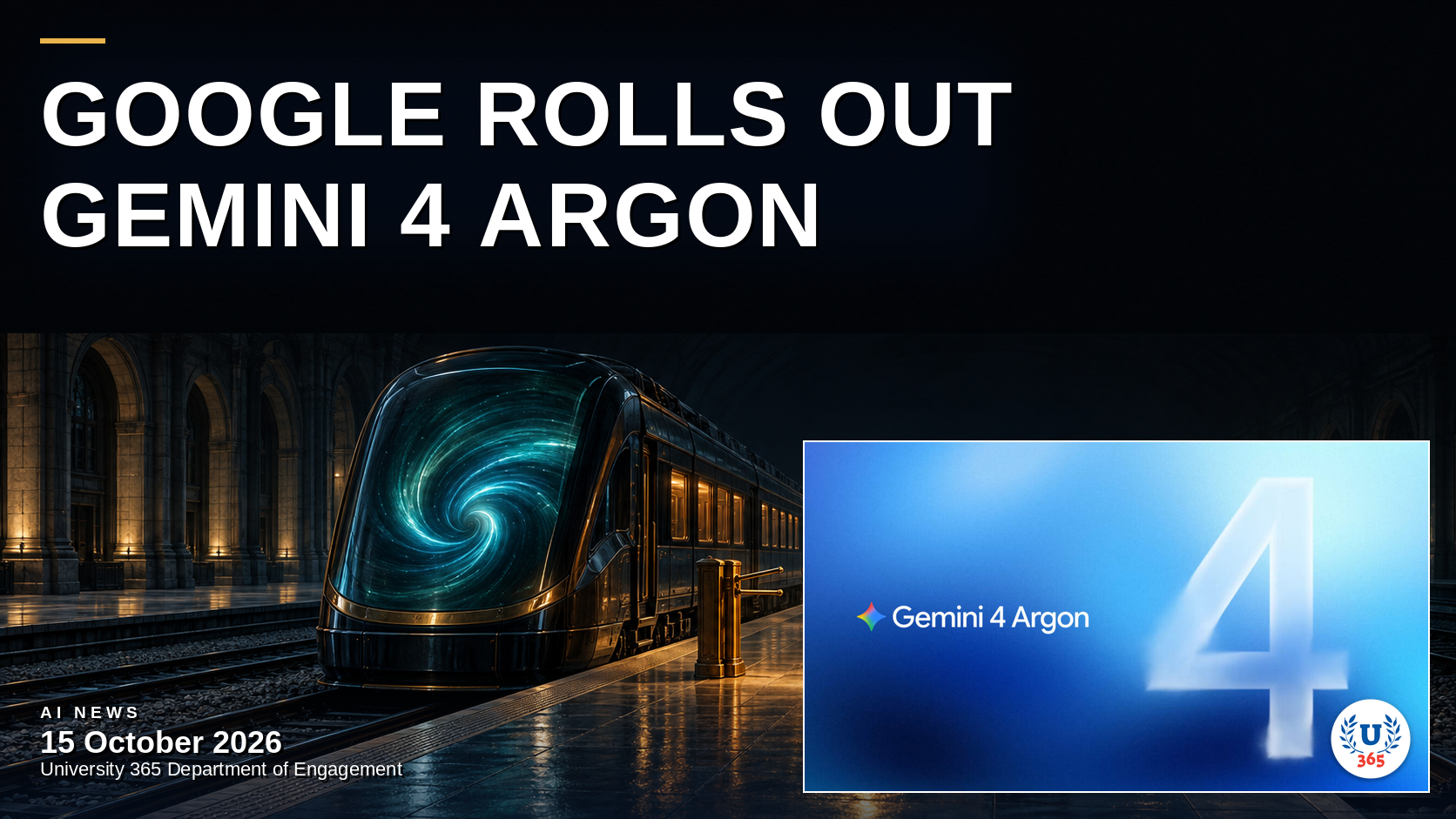 Editorial illustration of a dim grand railway terminal at night where an express stands at platform one with its front glass panel glowing with a slow spiral of cool light, a brass fare gate with a single amber lamp stands open on the platform beside sealed trunks, and faint headlights of other trains wait on parallel tracks, standing for Google's Gemini 4 Argon moving from announcement to a paid rollout