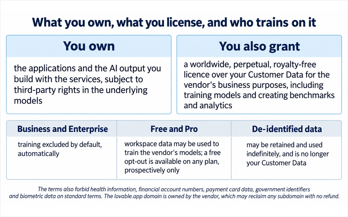A diagram setting out what a Lovable customer owns, what they license back to the vendor, and which plans exclude AI training, illustrating the contract position in section 7c
